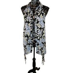 Umgee Floral Print Open‎ Front Vest Sleeveless Sheer Black Blue Summer